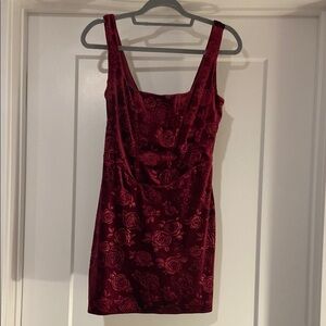 Velvet Burgandy Rose Pattern Mini Dress